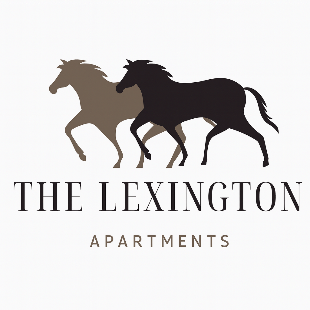 Two horses running with the text "The Lexington Apartments" below them.